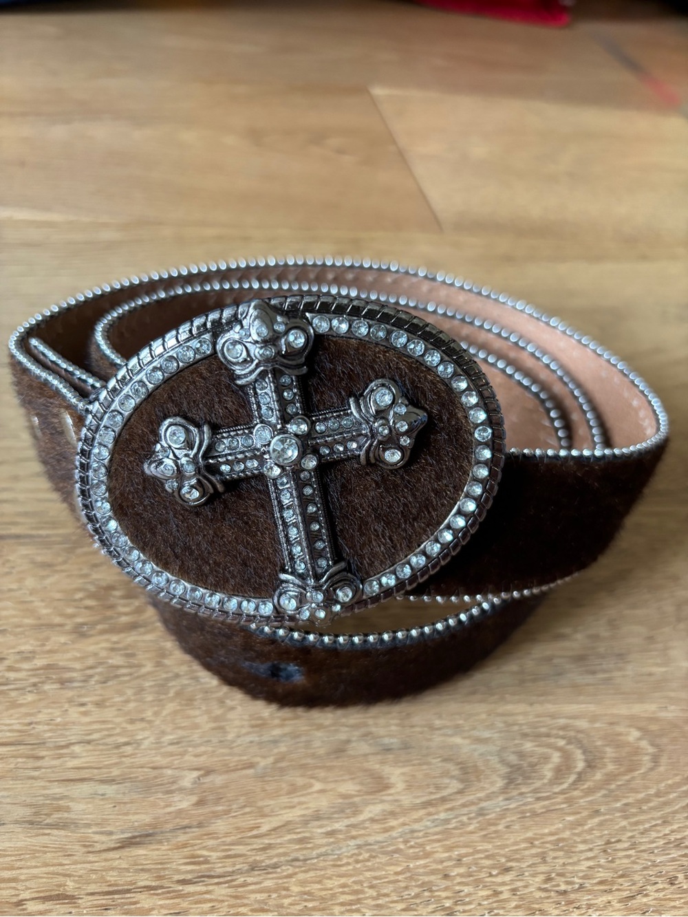 Buckle calf hair cross belt womens large